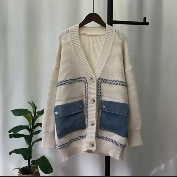 Cream and blue womens cardigan sweaters brand new with double pockets - Picture 2 of 3